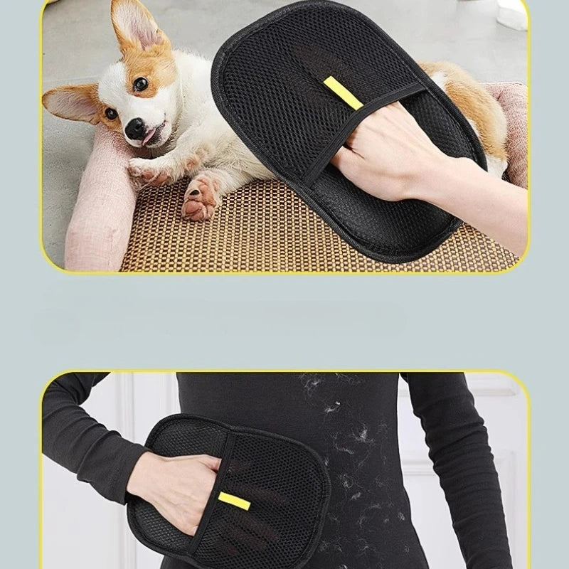 Gant ramasse-poils sur un panier et sur un pull