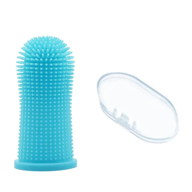 Brosse à dents à doigt bleue et sa boîte