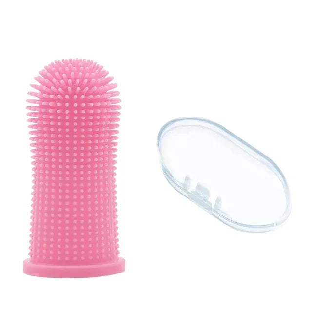 Brosse à dents à doigt rose et sa boîte