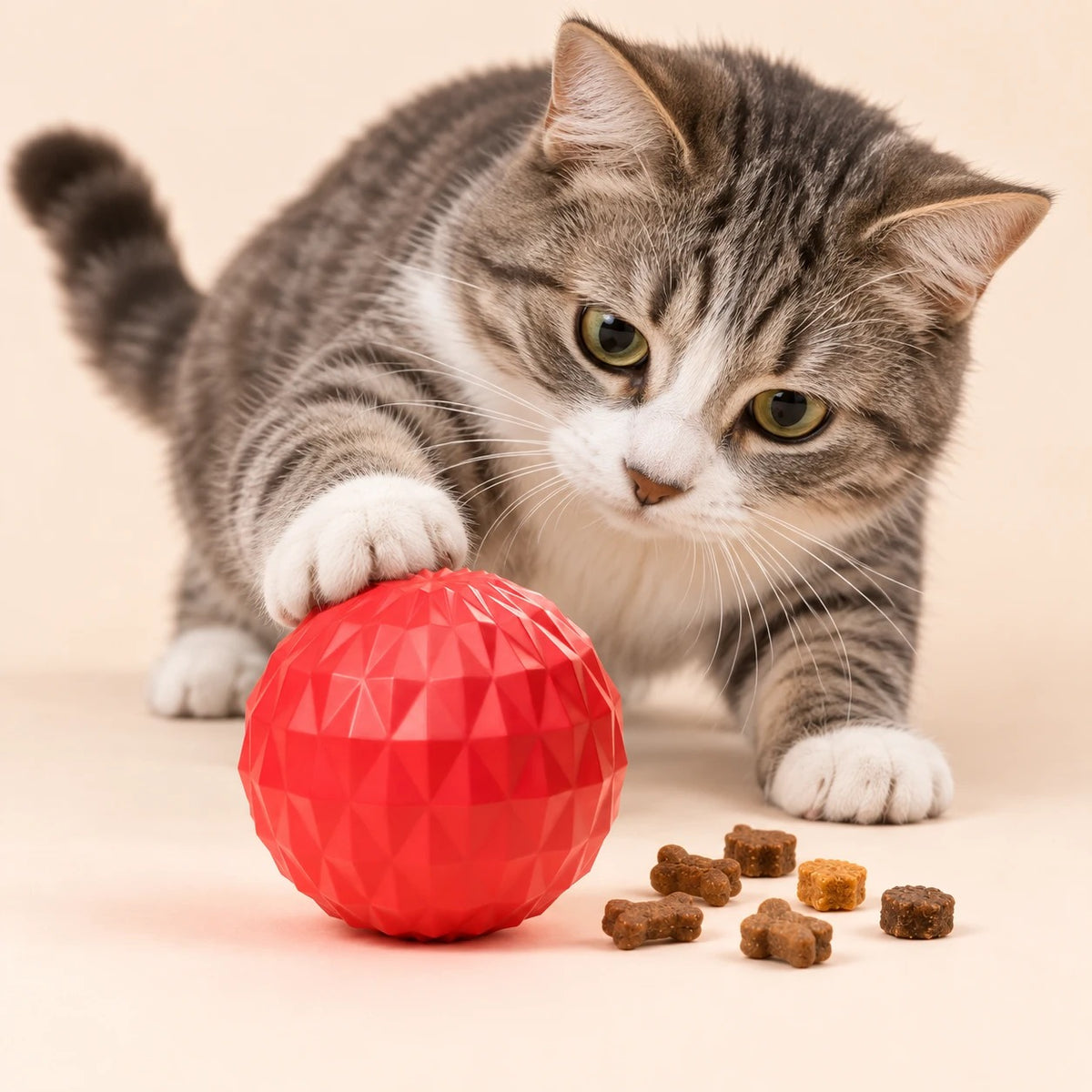 Un chat pousse la balle à friandises Pattoune