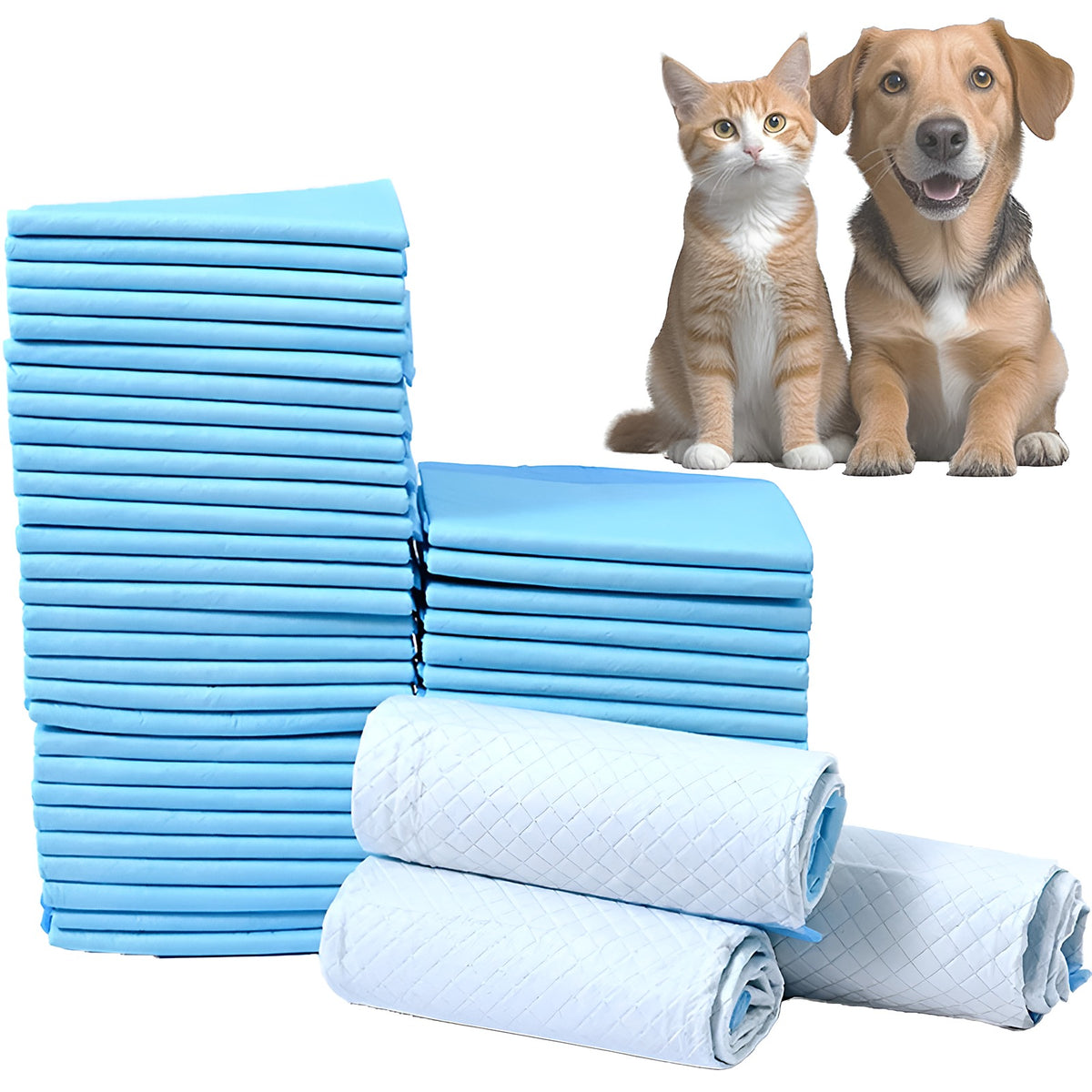 Paquets d’alèses absorbantes bleues, avec un chat et un chien
