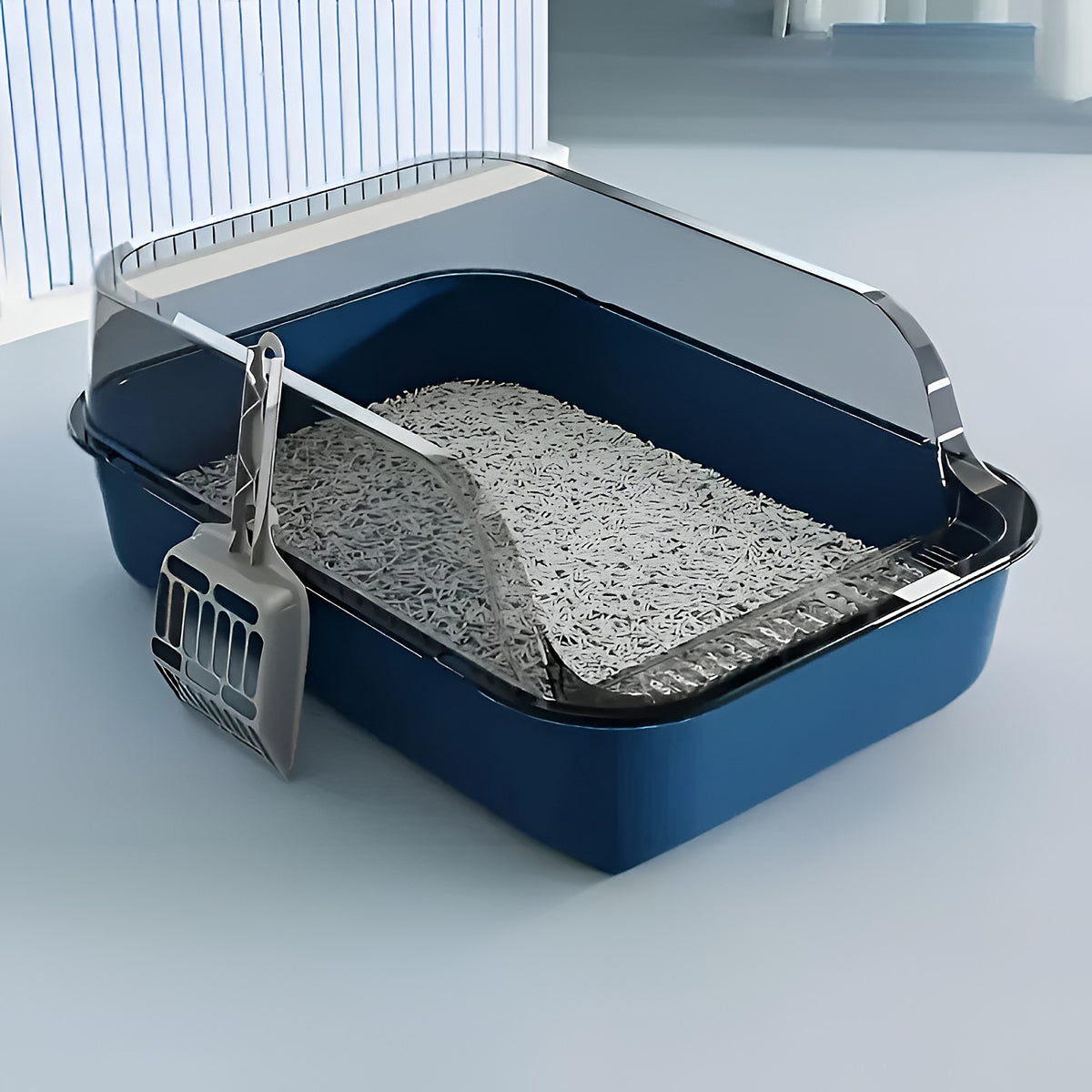Bac à litière semi-couvert bleu nuit avec sa pelle
