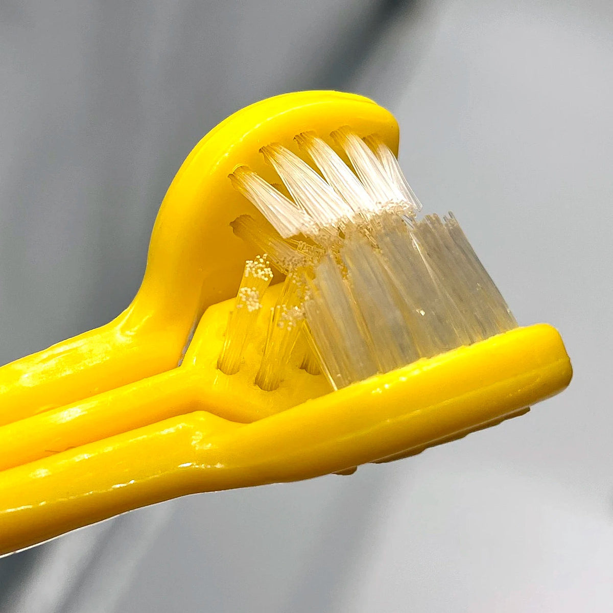 Gros plan sur les trois têtes de poils de la brosse jaune