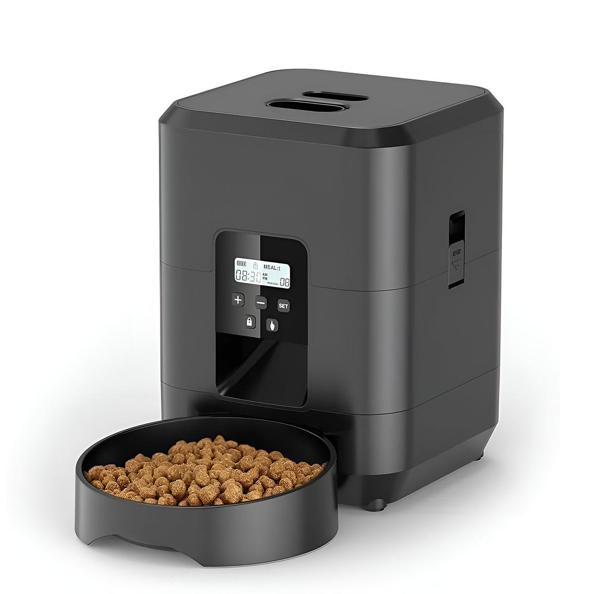Distributeur de croquettes automatique noir avec écran et gamelle pleine