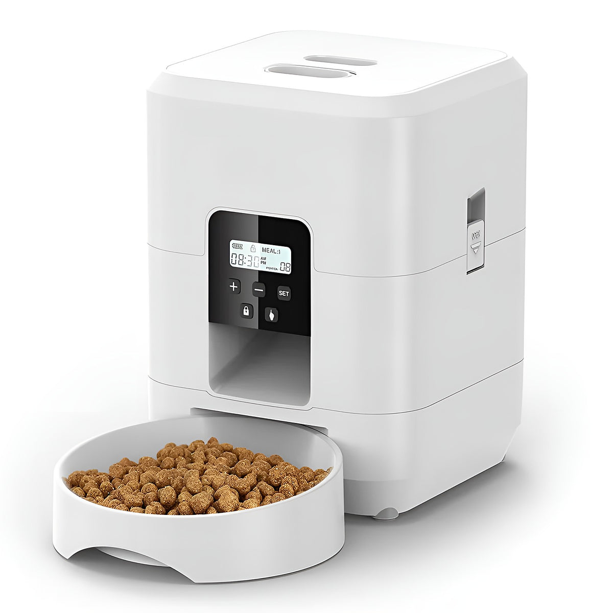 Distributeur de croquettes automatique blanc avec écran et gamelle pleine