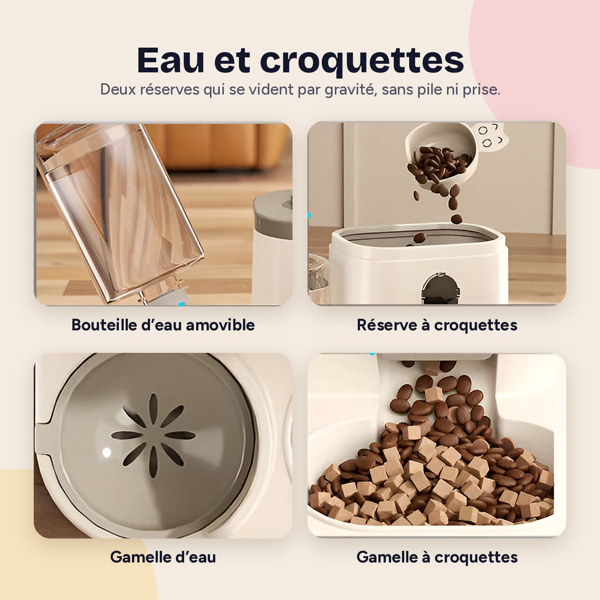 Bouteille d’eau, réserve et gamelles du distributeur