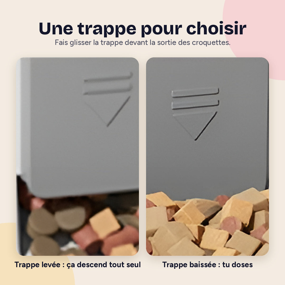 Trappe de sortie des croquettes, levée ou baissée
