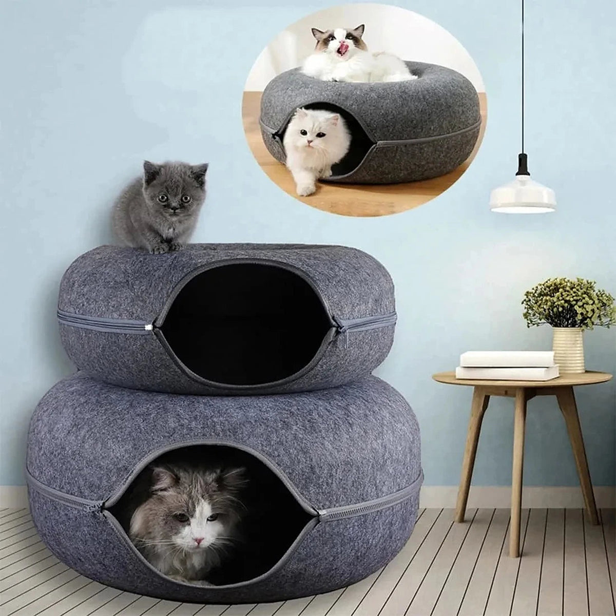 Deux tunnels donut empilés avec des chats
