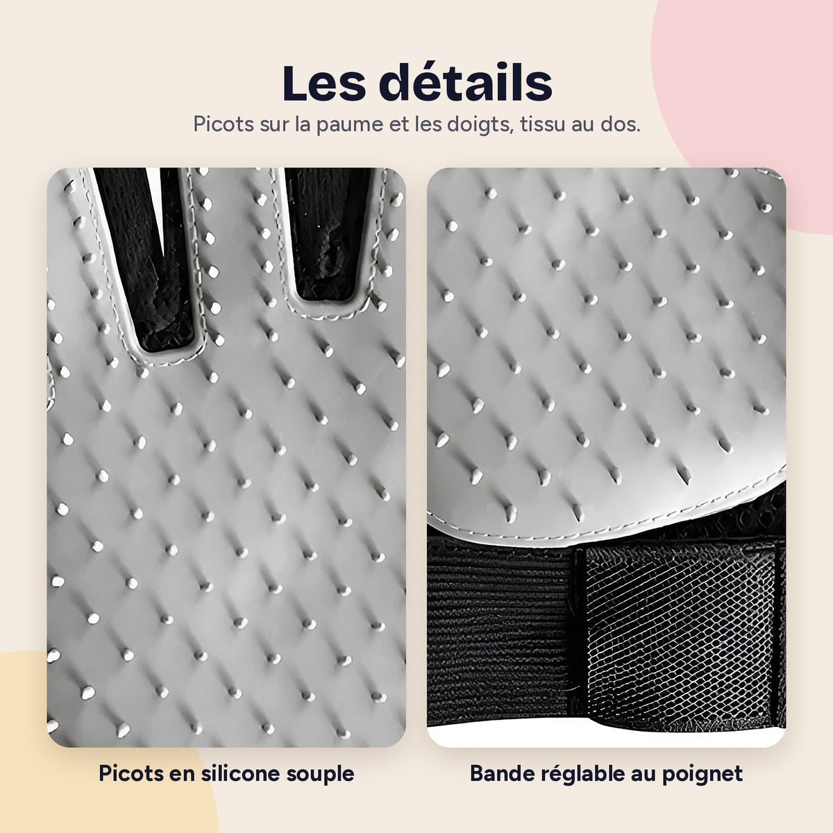 Gros plan sur les picots en silicone et la bande réglable au poignet