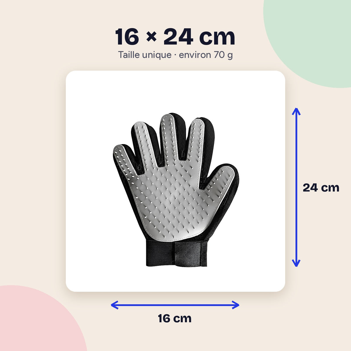Dimensions du gant : 16 × 24 cm, environ 70 g