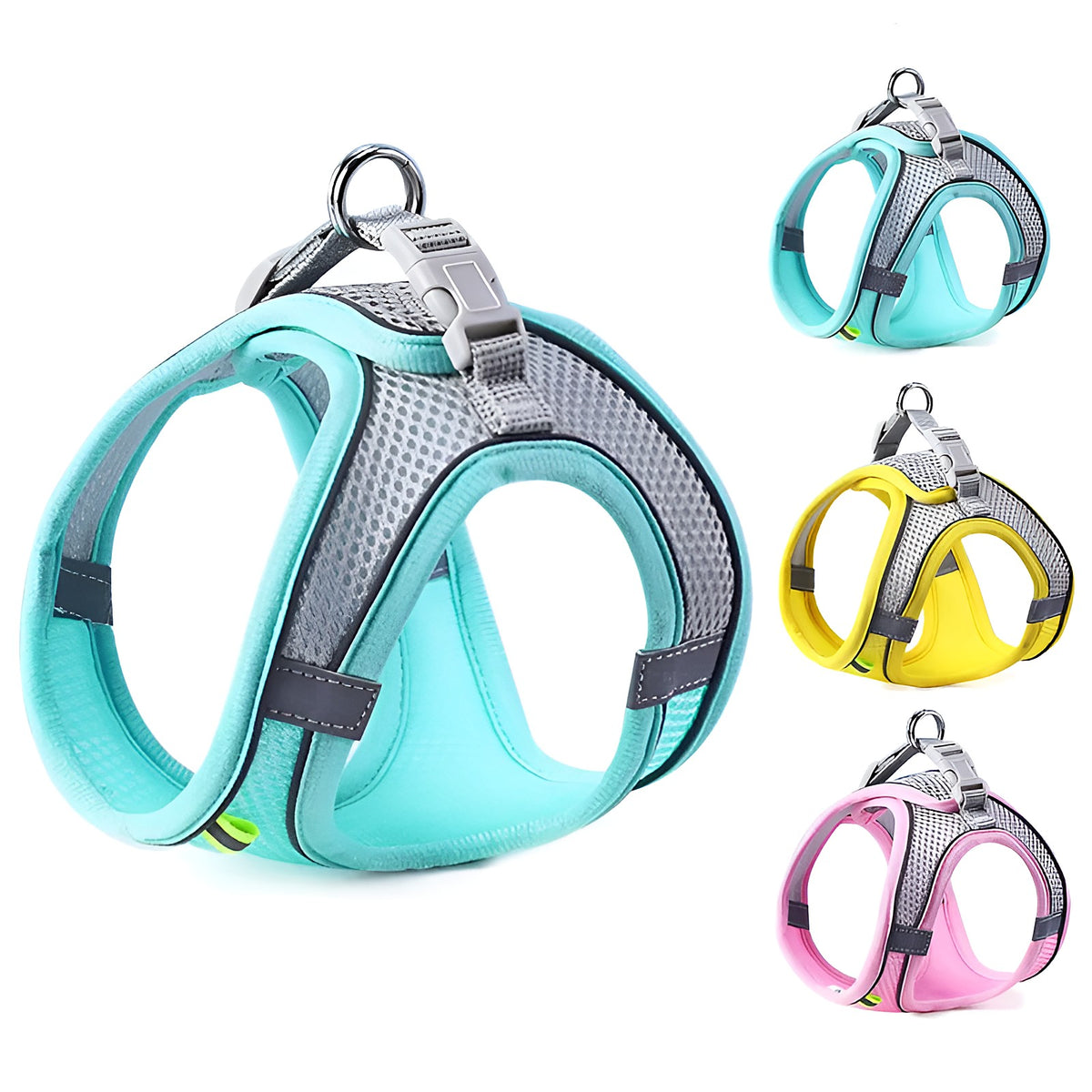 Harnais gilet turquoise, avec les modèles turquoise, jaune et rose