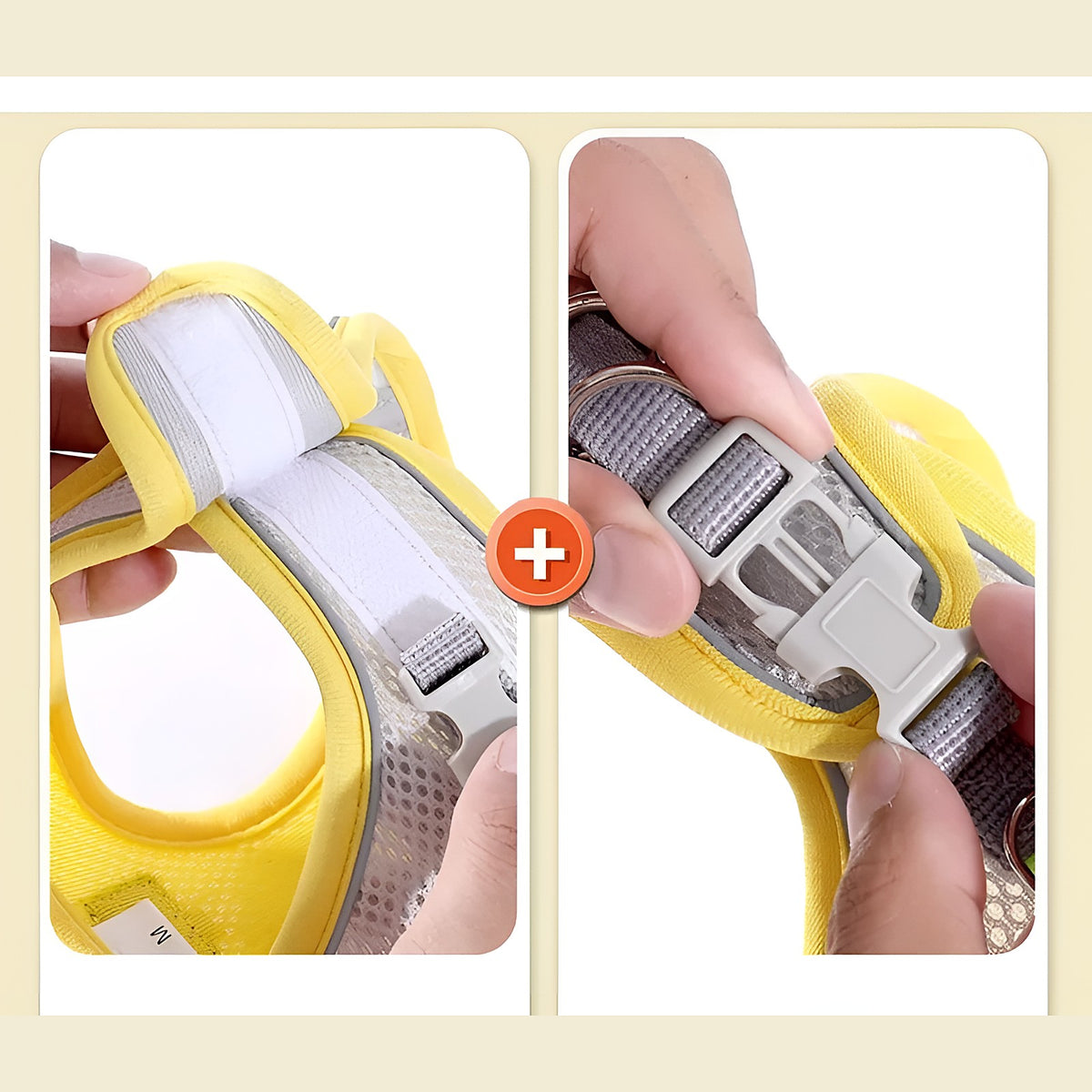 Mains qui ferment le scratch et la boucle clip du harnais gilet jaune