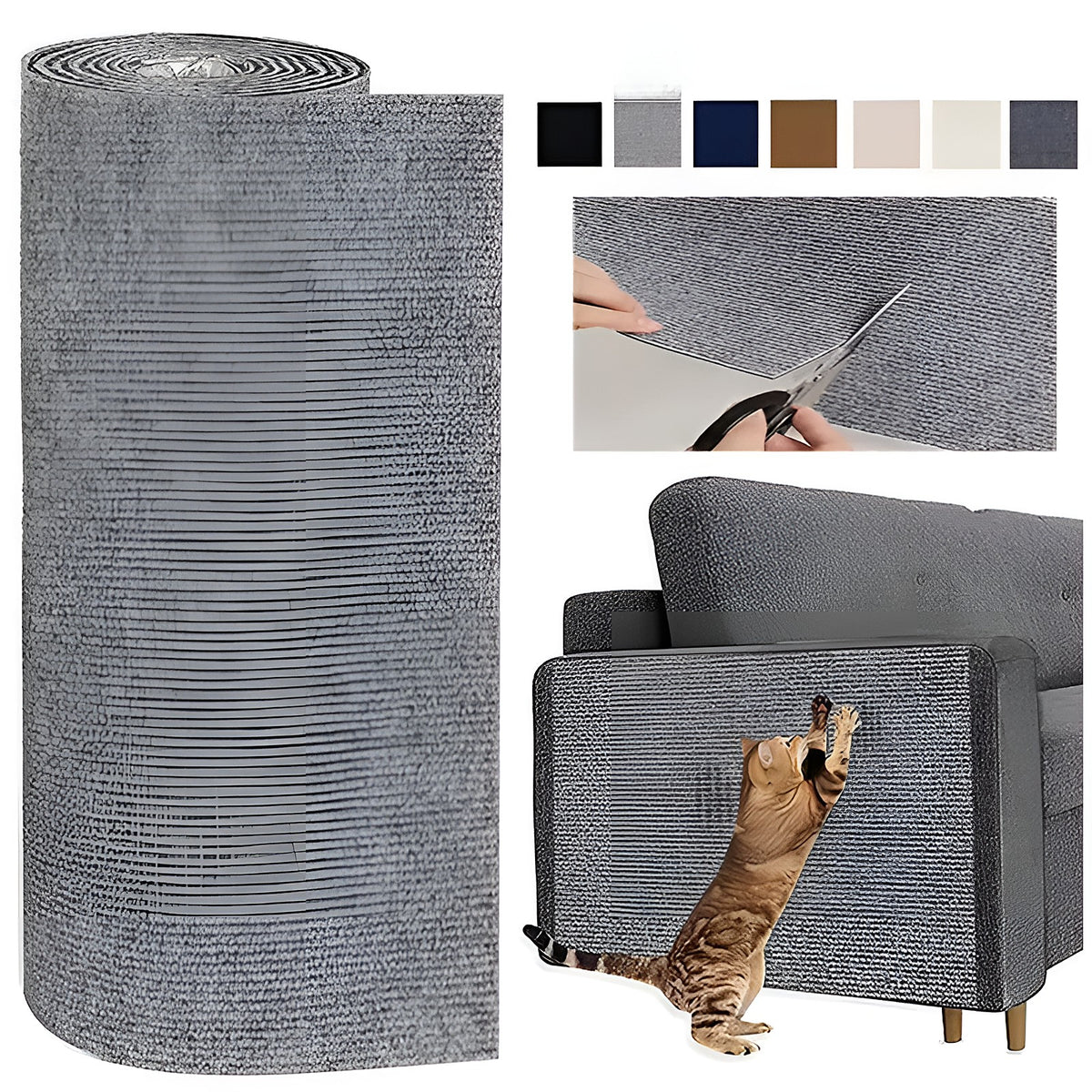 Rouleau de tapis griffoir gris, découpe aux ciseaux et chat qui griffe le côté protégé d’un canapé