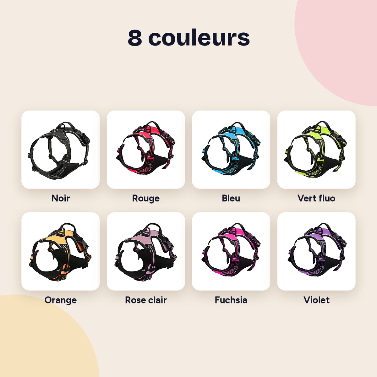Les 8 couleurs du harnais réglable
