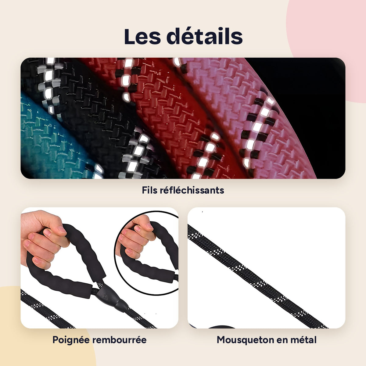 Fils réfléchissants, poignée rembourrée et mousqueton de la laisse
