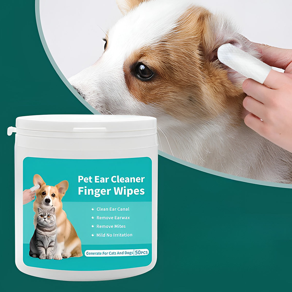 Lingette doigtier pour nettoyer l’oreille d’un chien, avec le pot de 50