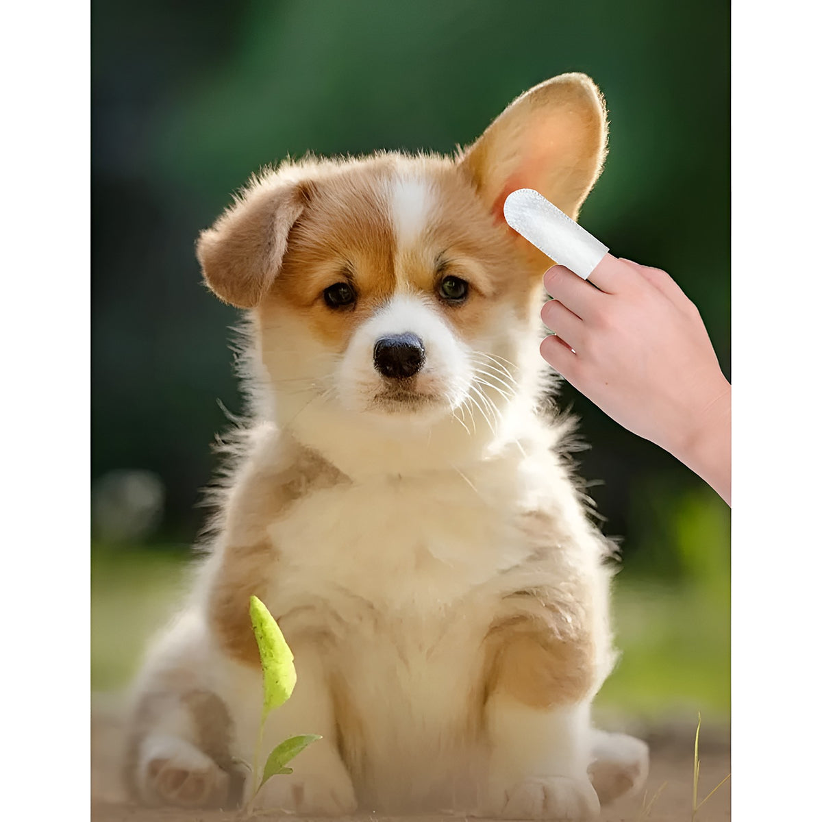 Chiot dont on essuie l’oreille avec une lingette doigtier
