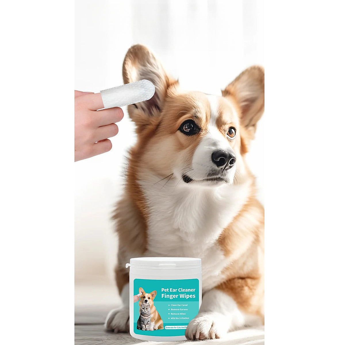 Corgi dont on essuie le pavillon de l’oreille avec une lingette doigtier