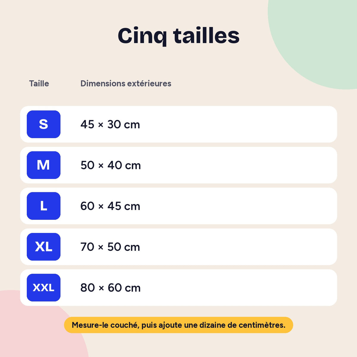 Les cinq tailles du panier rectangulaire