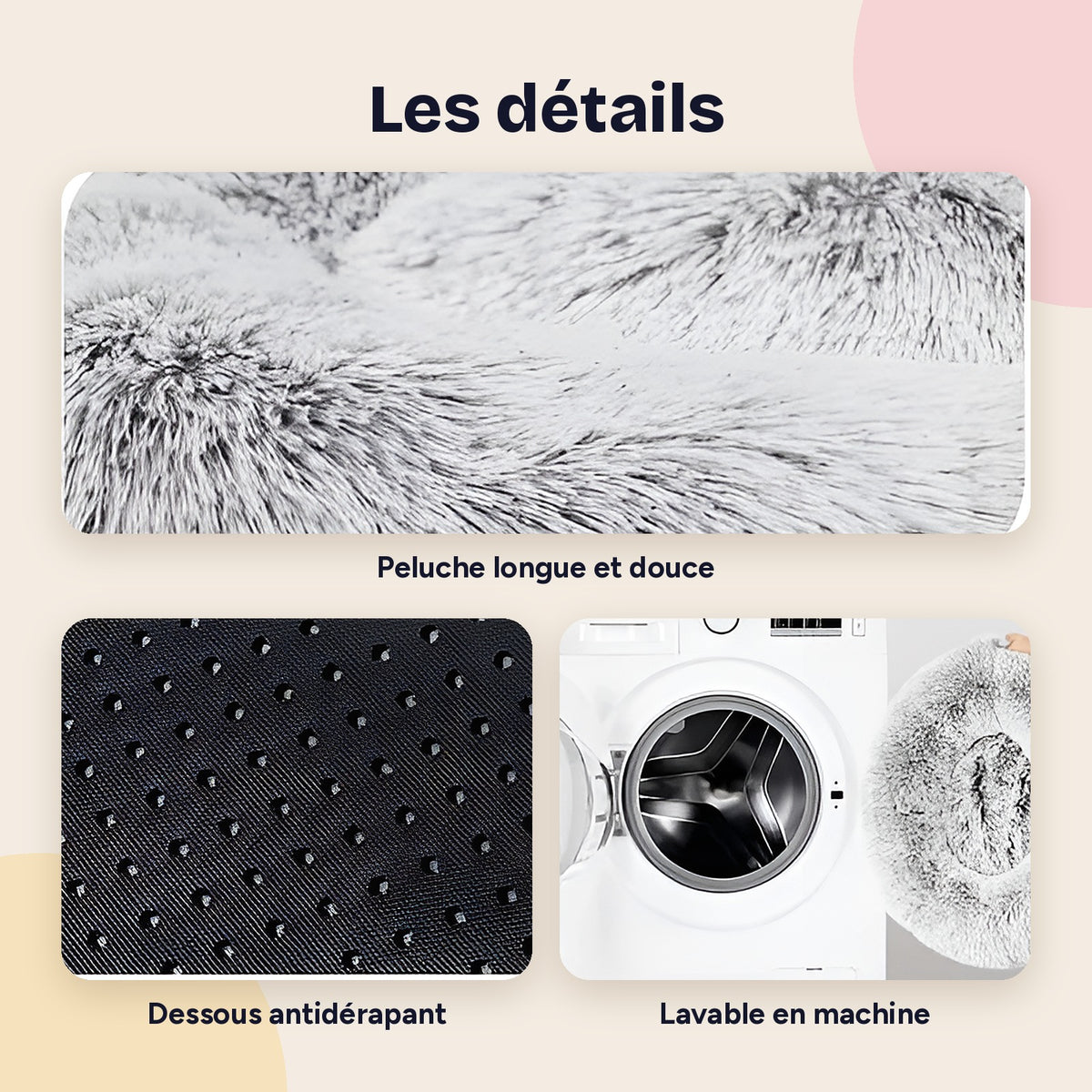 Détails du panier rond : peluche, dessous antidérapant, lavage