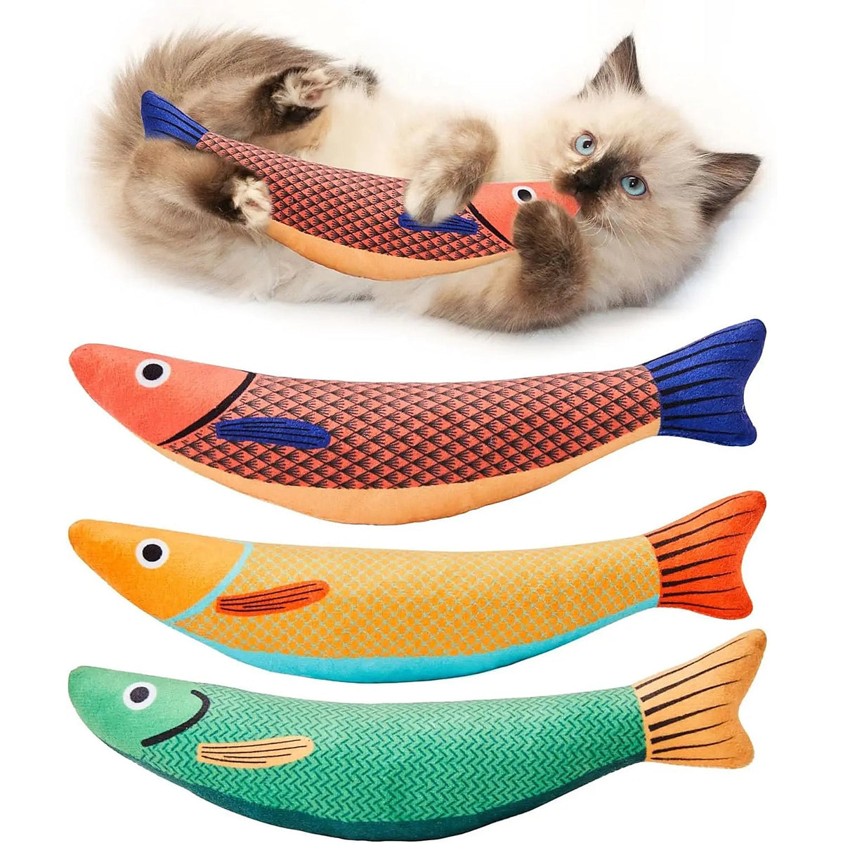 Chaton qui serre un jouet poisson, et les poissons rouge, jaune et vert