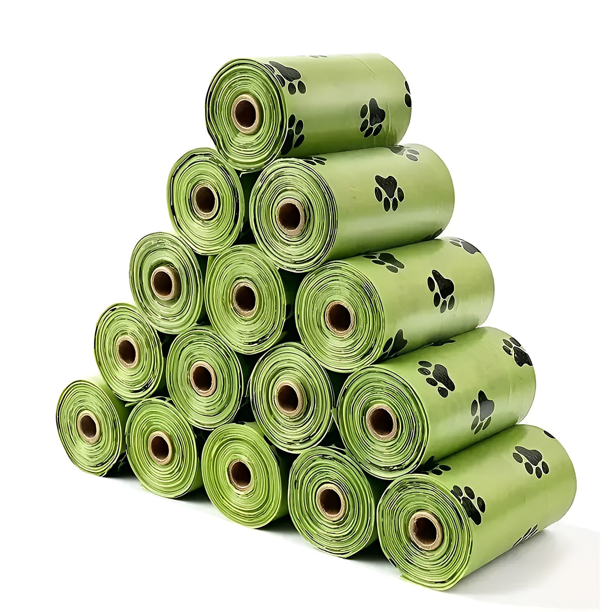 Pyramide de rouleaux de sacs à crottes verts à motif pattes
