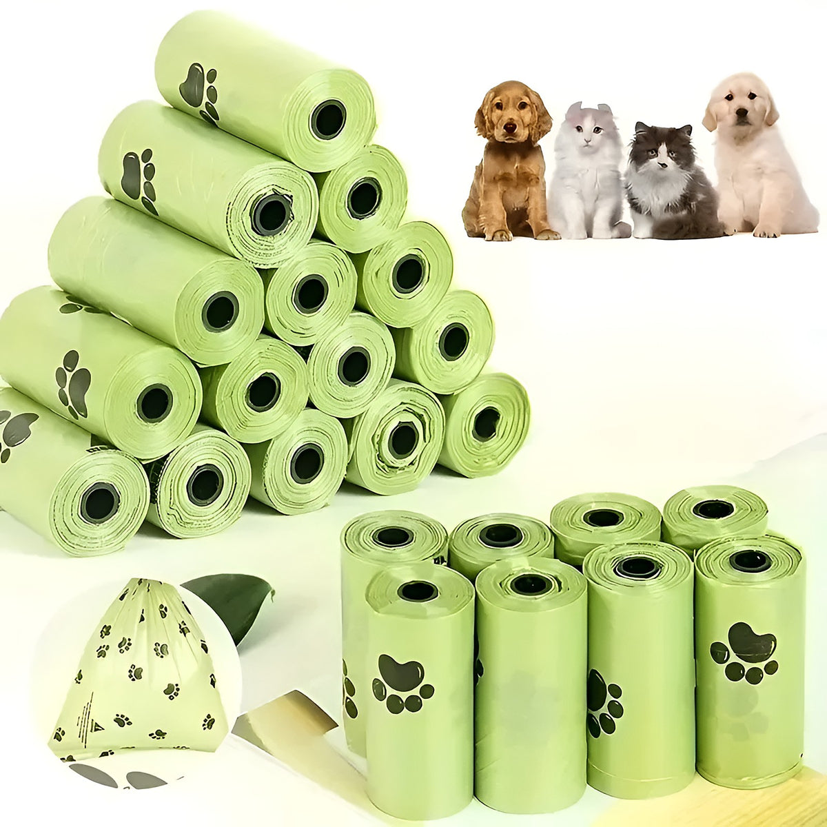 Rouleaux de sacs à crottes verts et sac noué
