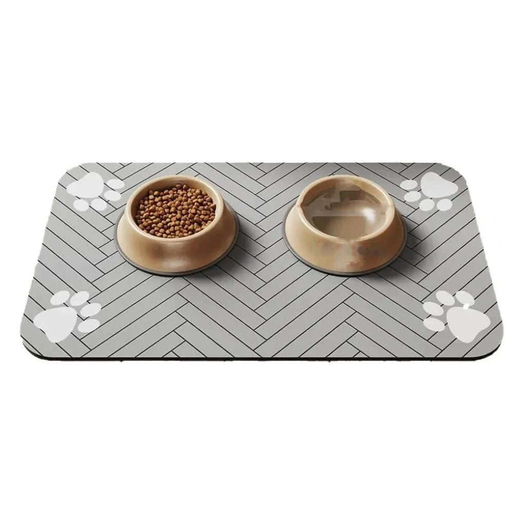 Tapis de gamelle absorbant gris avec deux gamelles